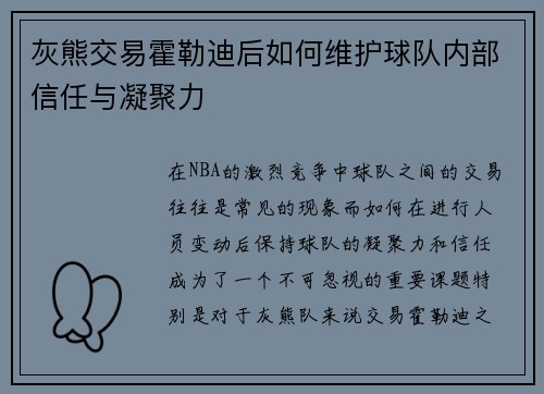 灰熊交易霍勒迪后如何维护球队内部信任与凝聚力